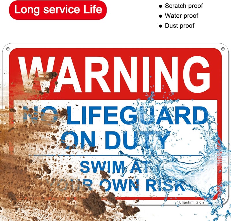 Uflashmi Warning No Lifeguard On Duty Pool Sign, Swim at Your Own Risk Sign, Metal Pool Signs for Outdoor, 10X14 Inch - Image 3